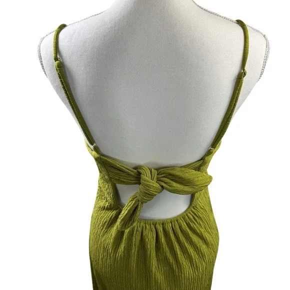 Lulu Chartreuse Green Faux Wrap Midi Dress Tie Back Size Medium D14100 - Picture 12 of 16